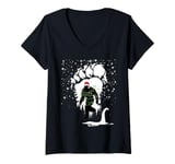 Womens Bigfoot Christmas Loch Ness Santa Hat Lights Snowflakes Xmas V-Neck T-Shirt