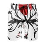 kikomia Men's Swimming Trunks Vintage Japanese Kitsune Red Sun Nine Tails Fox Print Psychedelic Men's Shorts with Pockets White 2XL