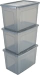 Iris Ohyama, Boite de Rangement Multi-Usages, 70L, Lot de 3, Gris, Fermeture Facile, Empilable, Plastique Transparent, pour Vêtement, Étagères, Organisation, Jouet, Papeterie, Chaussures, MCB-70