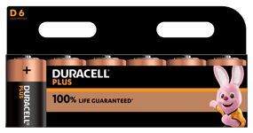 DURACELL D SIZE PLUS POWER +100%, PACK OF 6  Box of 6 Packs -36 Batteries