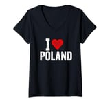 Womens Funny Design Retro I Love Poland with a Red Heart V-Neck T-Shirt