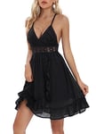 LATH.PIN Femme Mini Robe à Bretelles en Dentelle Robes à Sangle Réglable Sexy Robe d'été Col V Cocktail A-Line Asymetrique à Volants (Noir,L)