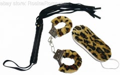 Sex & Mischief Black Flogger Whip, Animal Print Blindfold & Cuffs Bondage Fetish