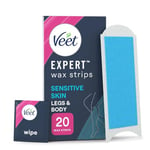 Veet Expert Cold Wax Strips, Hair Removal, Legs & Body, Sensitive Skin, 20 Strips each, 2 Finish Wipes