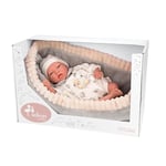 ARIAS ARI98108 Reborn Erik Poupée de 40 cm avec vêtements et Bonnet dans Une nacelle Grise pour bébé Nouveau-né avec Corps en Vinyle, Accessoires Couche, tétine et tétine, Jouet pour Enfants à partir