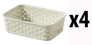 4 x Curver Rattan Small Storage Basket Tray Desk Tidy Office Vintage Cream A6