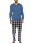 Ekouaer Pyjama Long en Coton pour Homme, Ensemble de vêtements de Nuit à col Rond, Chemise à Manches Longues et Pantalon de Pyjama Deux pièces avec Poche Bleu-2 M