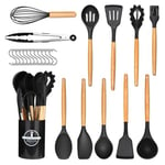 Accroche Ustensiles de Cuisine Silicone, 24 Pièces, Set de Couverts de Cuisine, Antiadhésif, Set de Spatule en Silicone, Résistant à La Chaleur, Poignée en Bois, 12 Crochets en S,Louche,Lavable