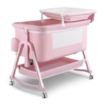 Uuoeebb 4 in 1 Bedside Crib, Bassinet, Baby Crib with Changing Table, Baby Bassinet with Wheels, Travel Cot with Mattress Included, Five Level Height Adjustable Baby Cribs for Newborn (Pink)