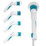 Beldray BEL0783 Electric Spin Scrubber - Cordless Cleaning Brush with Rotating Head, Extendable Bathroom Cleaner with with Four Interchangeable Heads, Ideal for Tiles, Glass and Oven Hobs, White/Blue
