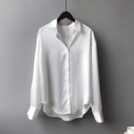 Women'S Shirt Women'S Satin White Shirt Oversize Long Sleeve Button Up Office Blouse Shirt Elegant Black Green Casual Shirts Women Summer-White_S