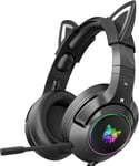 Casque de jeu avec microphone, oreilles de chat, 3,5 mm, compatible avec PC, PS4, PS5, Xbox One, smartphone sans adaptateur, son surround, RVB, réduction du bruit, noir