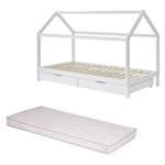 Ensemble Lit Cabane Tiroirs Blanc 90x190 + Matelas Enfant 90x190 Laïba Kids