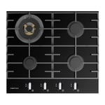 Parmco HO76GGW4 600mm Gas Hob, 3 Burner + Wok, Black Glass