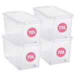 SmartStore 70L Large Plastic Storage Boxes with Lids and Wheels - Set of 4 - Transparent - Stackable and Nestable - 10 Year Guarantee- Food Safe and BPA Free -White Clip Locked - L72 x W40 x H38 cm