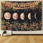 Kuutamoinen Puutarhakuvakudos, Moon Phase Tapestries Flower Vine Tapestry musta tausta