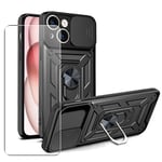 Case for iPhone 15 Phone Cover + Glass Screen Protector, Stand Black