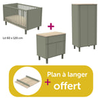 Sauthon Chambre bébé complète Eléonore kaki : lit 60x120, commode, armoire, plan offert