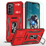 YmhxcY For Samsung Galaxy A23 5G Case, With [Screen Protector Film*2] 360° Rotate Metal Stand,Slide Camera Cover,Sturdy Case[Military Grade] For Samsung Galaxy A23 5G-Red