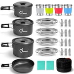 Odoland Camping Cookware Kit for 4 People, Non-Stick Lightweight Pots Pan Set with Stainless Steel Cups Plates Forks Spoons for Camping, Backpacking, Outdoor Cooking and Picnic