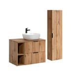 Ensemble meuble simple vasque 80cm 2 niches et colonne Adriel Bois