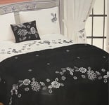 Quilted Throwover Bedspread Black Floral Silver 150cm x 220cm 