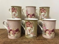 6x VINTAGE ROSE STYLE FLORAL PALE PINK BEIGE KHAKI MUGS KITCHEN TEA COFFEE CAFE