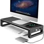 VAYDEER Monitor Stand with Wireless Charging and 4 USB 3.0 Ports, Metal Computer Stand Riser for Desk, Aluminum PC Screen Stand for Office, Laptop, Computer, iMac, Printer up to 32 Inches - Black