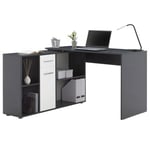 Bureau d'angle CARMEN table avec meuble de rangement intégré et modulable 4 étagères 1 porte et 1 tiroir, béton foncé/blanc