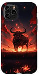 Coque pour iPhone 11 Pro Bull bison rouge vif coucher de soleil, étoiles de nuit lune fleurs #4