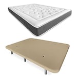 DUÉRMETE ONLINE Beige Lit Complet avec Matelas viscoélastique Bio Nature + Base tapissée renforcée Couleur 6 Pieds, Bois, 90 x 190