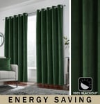 Green Velvet 100% Blackout Pair of Curtains Eyelet Top - 90x90 inch (229x229cm)