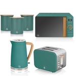 Swan Nordic Jug Kettle 2-Slice Toaster Microwave & 3 Storage Canisters Set Green