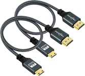 Mini Câbles HDMI vers HDMI 1M Lot de 2. Nylon Tressé Mini HDMI C vers Full HDMI A pour 3D/4K 60Hz 1080p, Caméscope, Ordinateur portable, Tablette et carte graphique/Vidéo