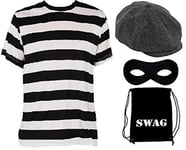 RARA®ADULTS BURGLAR COSTUME - BLACK & WHITE STRIPED T-SHIRT + FLAT CAP + EYEMASK + "SWAG" BAG - PERFECT FOR SCHOOL BOOK WEEK AND WORLD BOOK DAY FOR CHILDREN MEN AND WOMEN WITH BURGLAR SWAG BAG (XL)