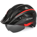 VICTGOAL Casque Velo Homme Casque VTT Montagne avec Visière Magnétique Amovible, Capuchon de Protection Solaire Amovible et éclairage LED Casque Velo Route pour Adulte (M: 54-58cm, Noir Rouge)