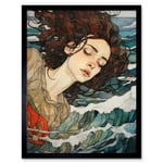 Dreaming of the Sea Woman Sleeping Egon Schiele Style Watercolour Painting Red Brown Blue Carried by Waves Art Print Framed Poster Wall Decor 12x16 in