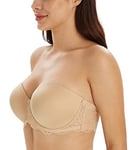 Lemorosy Women's Plus Size Full Coverage Lace Strapless Bra Underwire Multiway Contour Red Carpet(Lace Beige,36C)