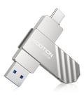 KOOTION Cle USB 256 GO Clé USB C 3.2 Clef USB 256Go OTG Jusqu'à 500MB/s 2-en-1 Double Connecteurs Disque Dur Externe SSD Métal pour Type-C-iPhone/Android-Smartphone/Tablette/Mac/PC, Argent