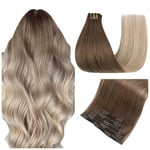 Easyouth Blonde Clip Cheveux Extension Naturel Ombre Extension Cheveux Humain Clip Brun Clair Balayage Gris Foncé à Platine Blonde Remy Extension a Clip Cheveux Droit 45 cm 70g 5Pcs