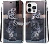 Peinture Premium Pu Cuir Coque Pour Apple Iphone 14 Pro Coque En Cuir Pu Etui De Protection Motif Avec Fonction Support Magnétique Portables Case Pour Apple Iphone 14 Pro,Chat Tigre