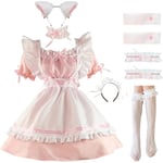 ANEK Maid Outfit Anime Cosplay Lolita Maid Dress Fransk Piga Kostym Plysch kattöronstrumpor set Rosa X-Small