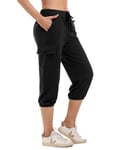 Wayleb Pantalon de Sport Femme 3/4 Taille Haute Pantalon de Jogging Femme Coton Pantacourt Femme Bas de Jogging Capri Respirant Pants de Survêtement Court pour Fitness Course Gym Noir,S