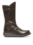 Fly London Mes 2 Leather Buckle Detail Calf Boots - Dark Brown, Brown, Size 5, Women