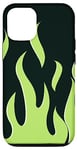 Coque pour iPhone 14 Motif flammes vert citron, fond noir