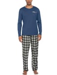 Ekouaer Pyjama Long en Coton pour Homme, Ensemble de vêtements de Nuit à col Rond, Chemise à Manches Longues et Pantalon de Pyjama Deux pièces avec Poche Bleu-1 XL