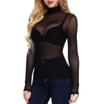 Womens Mesh Fishnet Sheer High Neck Stretchy Ladies Long Sleeve See Through Tops