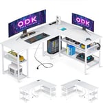 ODK Bureau Gaming en L avec Design Réversible, Bureau avec Grand Espace de Rangement, Bureau d'angle Blanc avec 2 Prises et 2 Ports USB, 150×102 cm