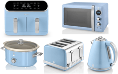 SWAN Retro Blue Kettle Toaster Microwave Dual Basket Air Fryer & Slow Cooker Set