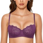 DOBREVA Femme Soutien Gorge Transparent avec Armature Sexy en Dentelle de Cils à Bretelles Convertibles Mûres Violettes 85F